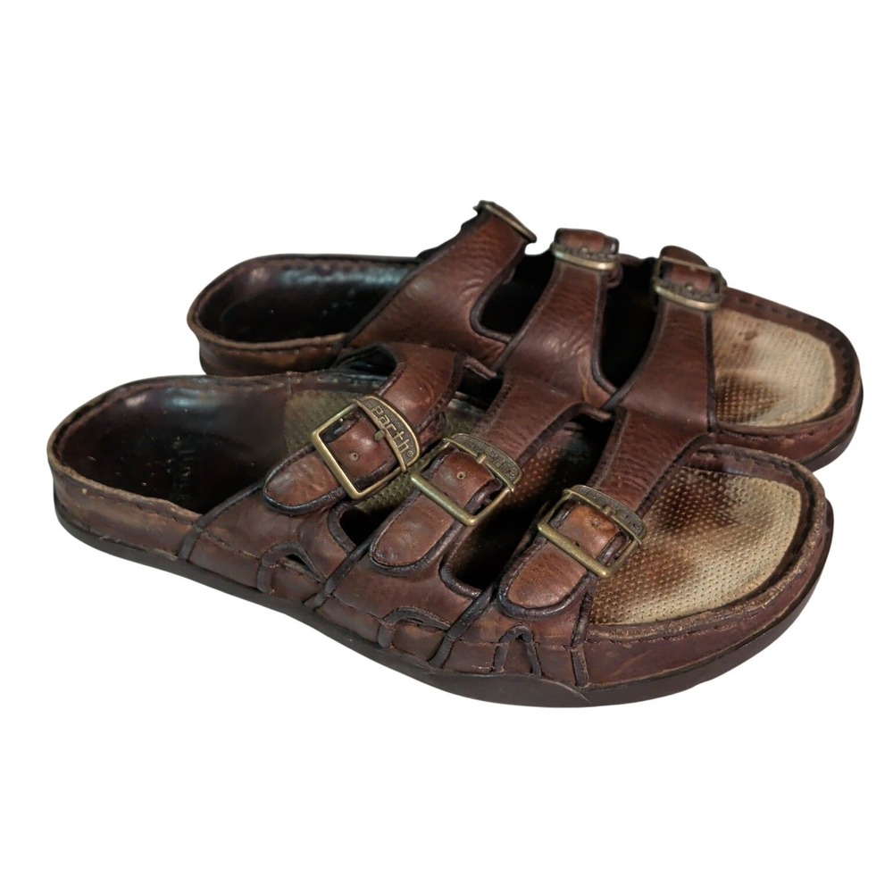 Earth Sandals Womens Size 9B Brown Leather Chunky Slides Buckle Boho Bohemian